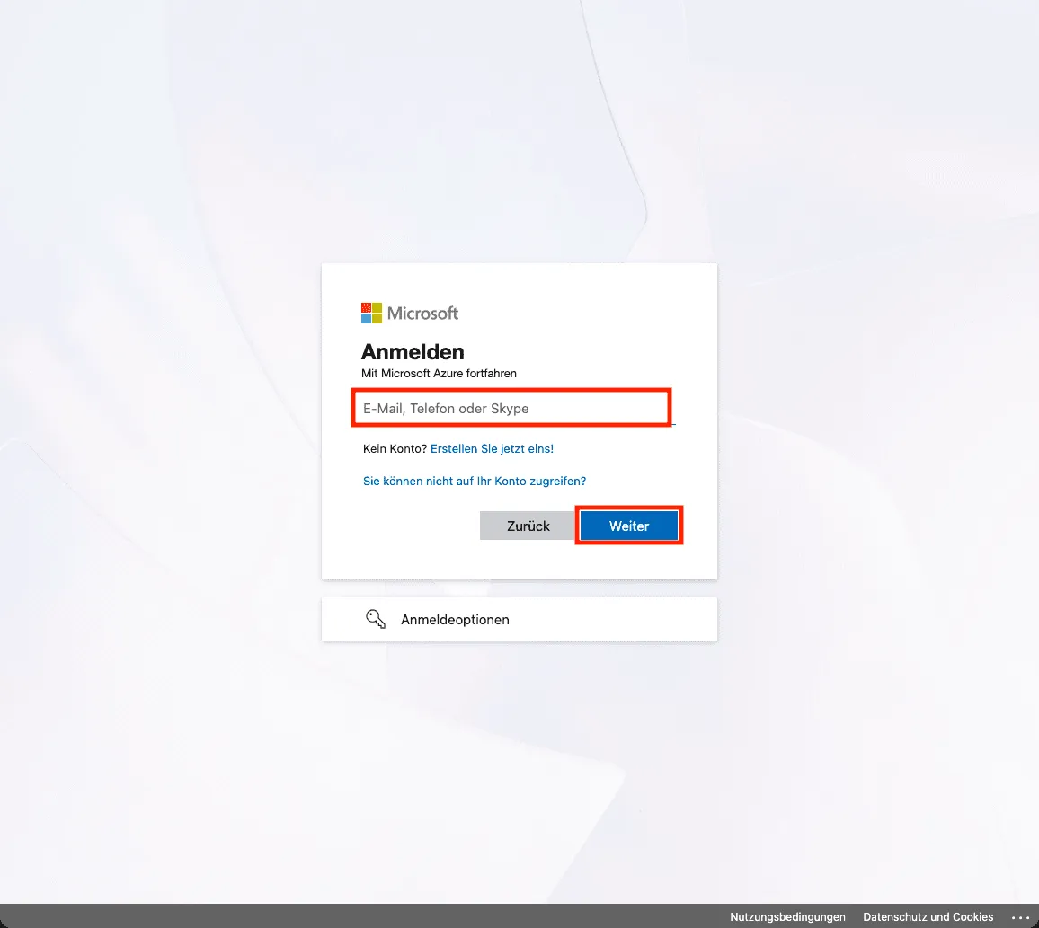 Login Bildschirm vom Azure Portal
