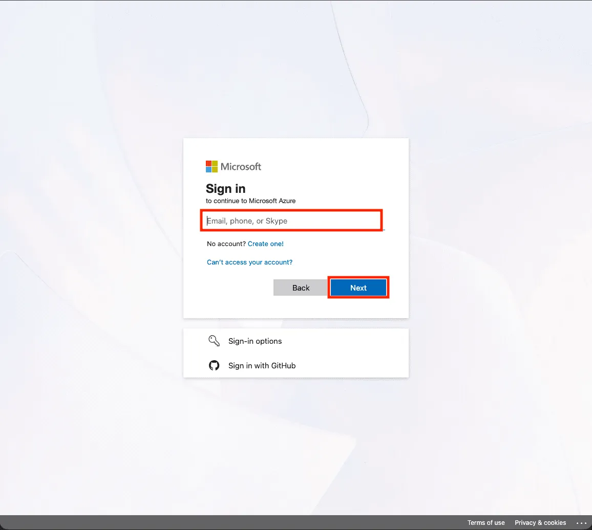 Login screen of the Azure Portal