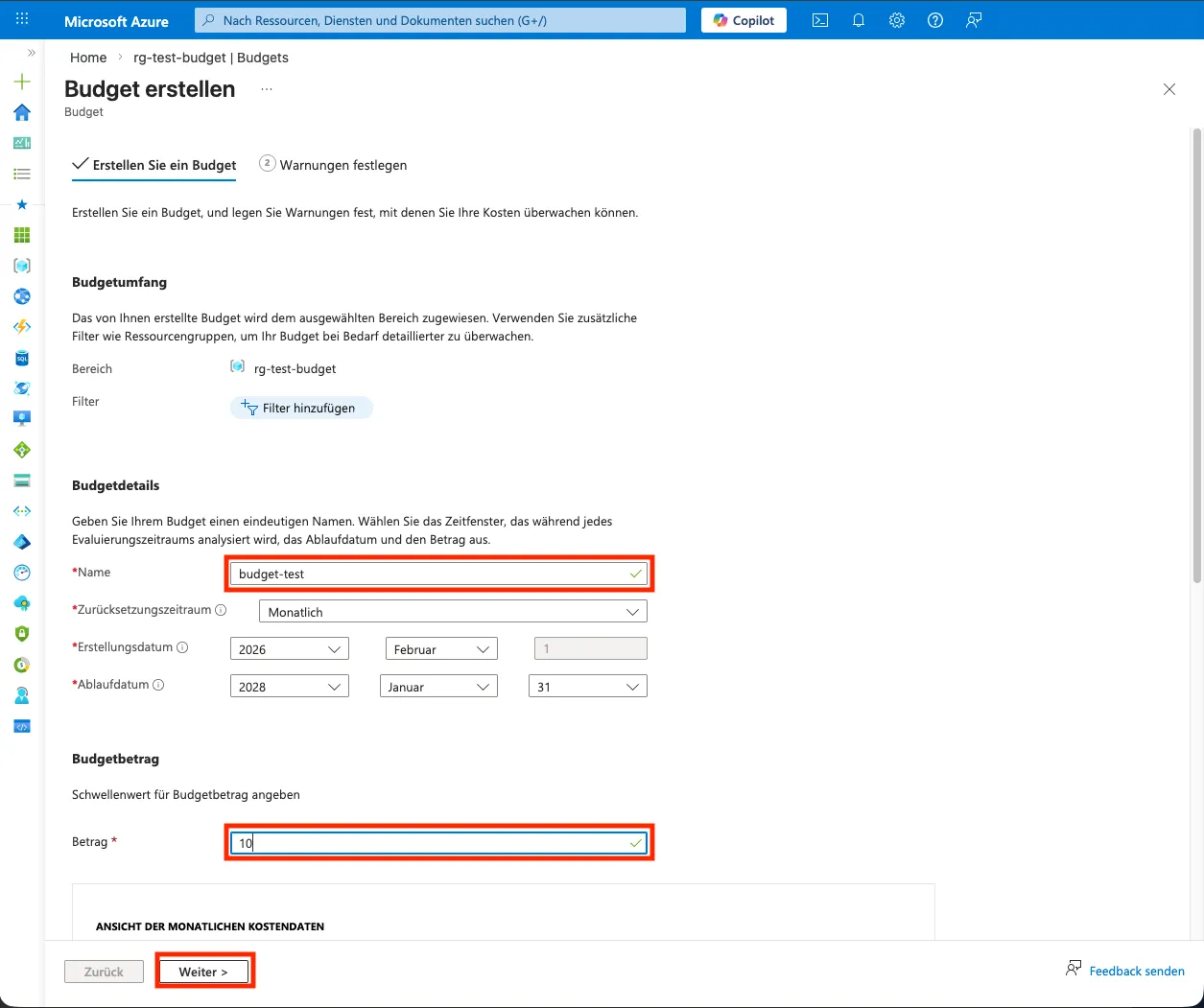 Azure Budget Formular 1
