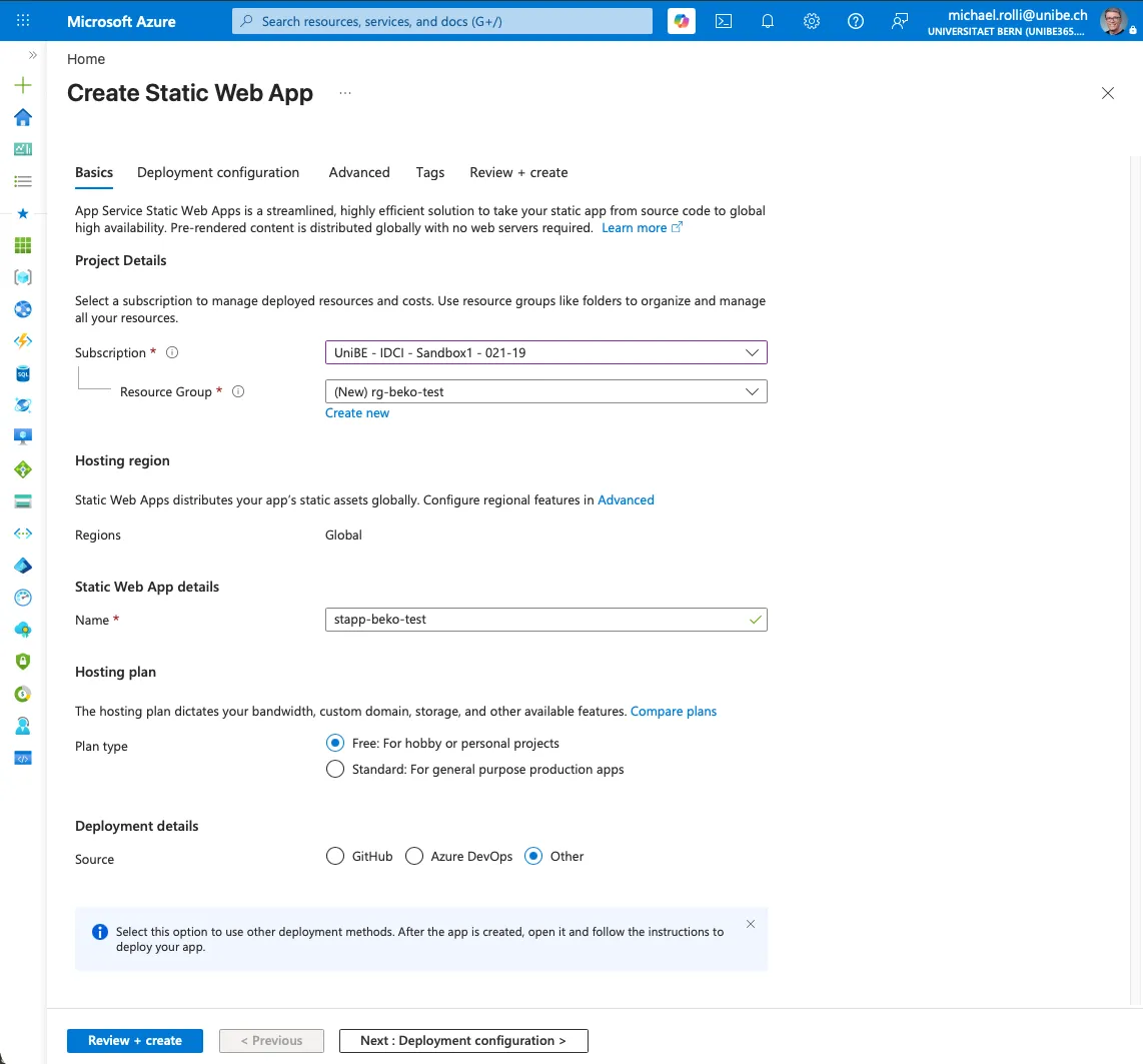 Static Web App form, Basics section