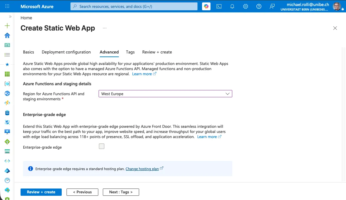 Static Web App form, Advanced section
