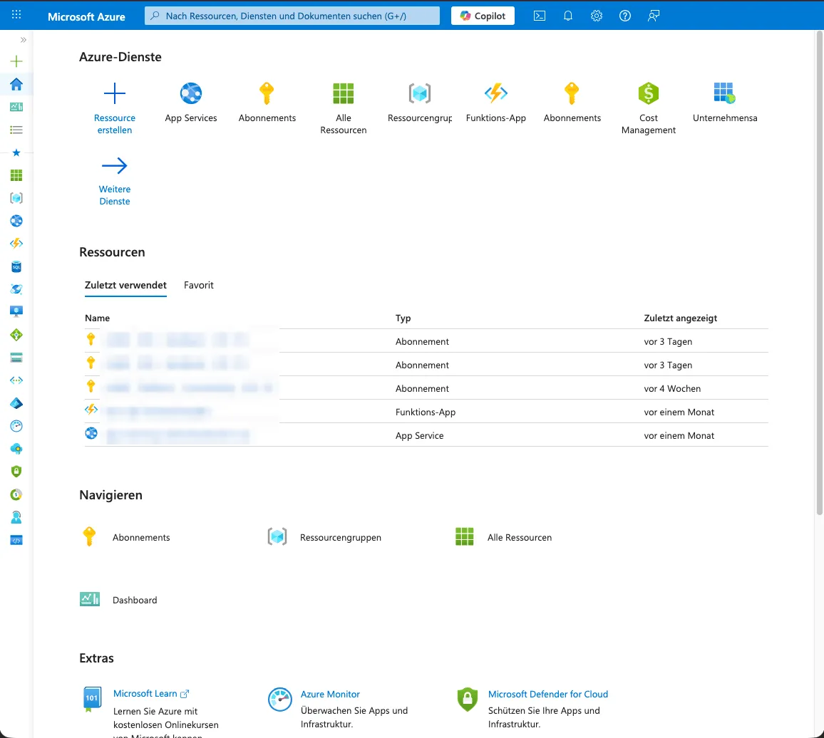Startseite des Azure Portals