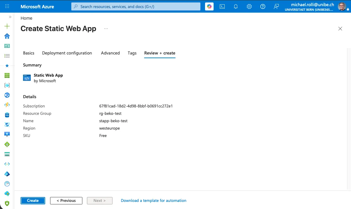 Static Web App form, summary
