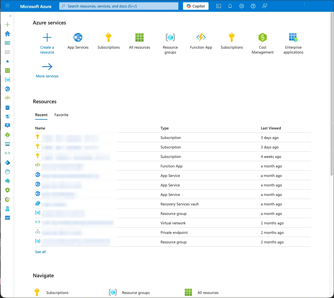 Azure Portal homepage