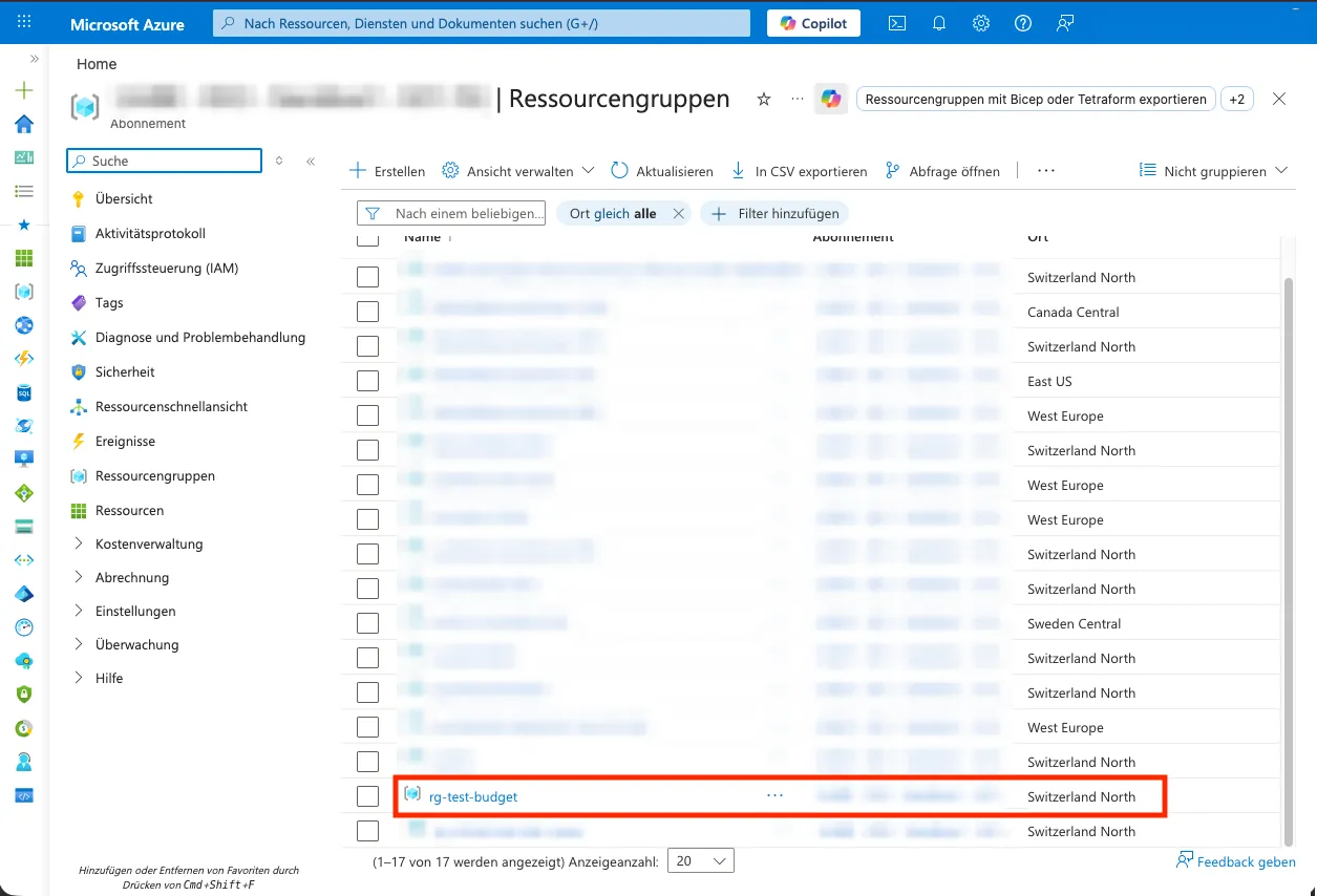 Azure Resource Group Auswählen