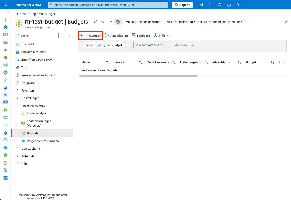 Azure Resource Group Budget Create
