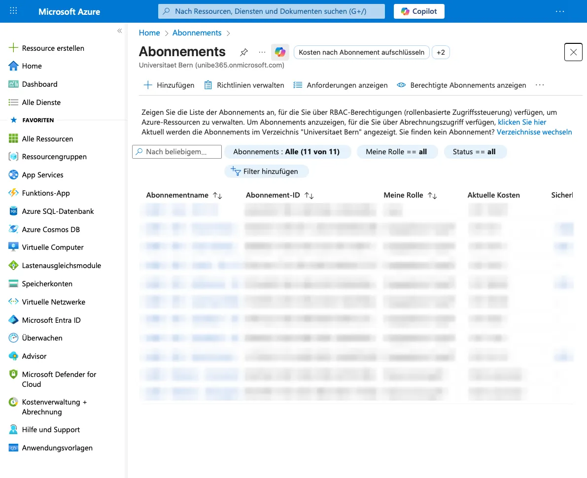 Liste der Subscriptions