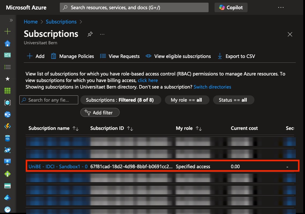 Liste der Subscriptions