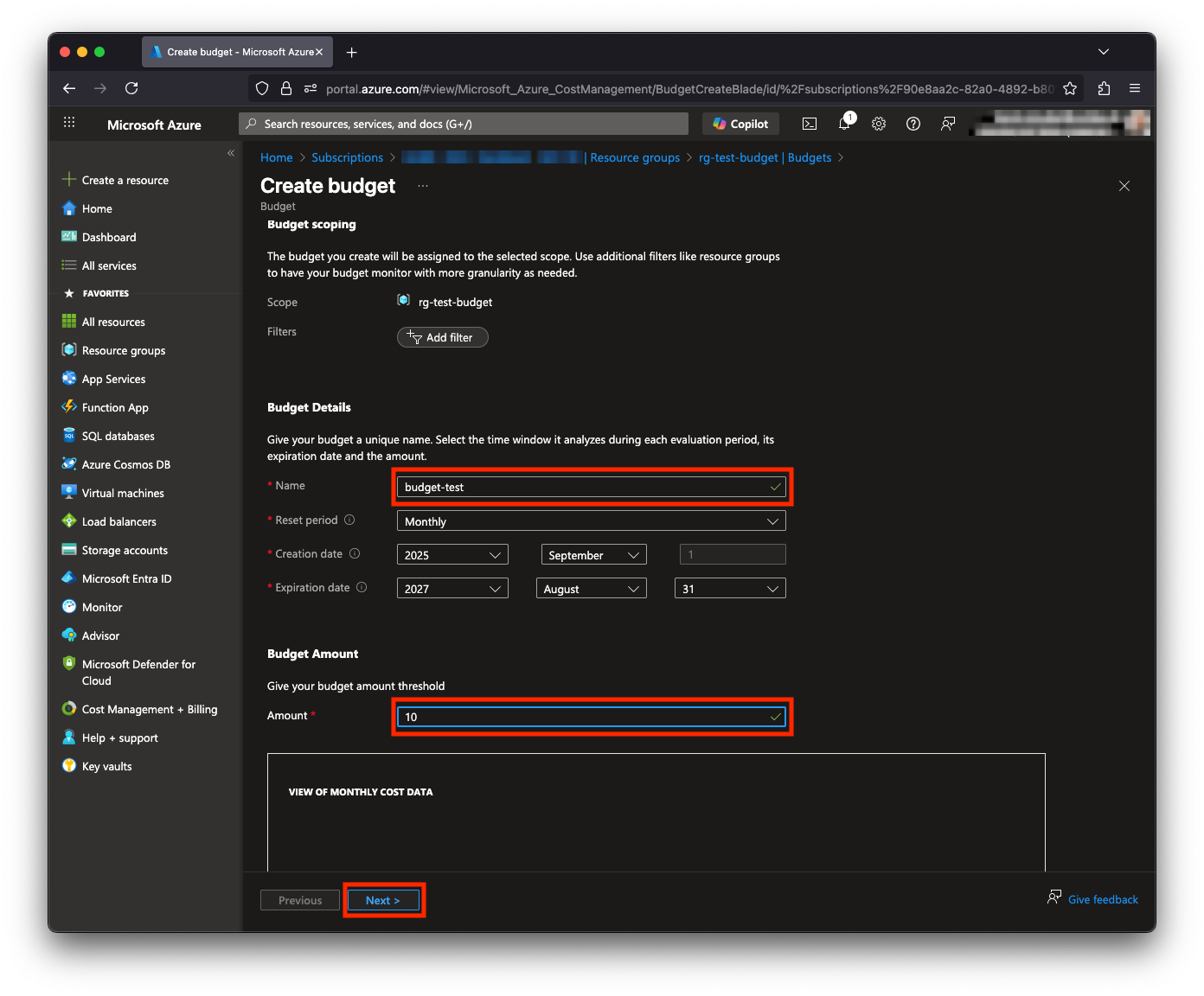 Azure Budget Formular 1