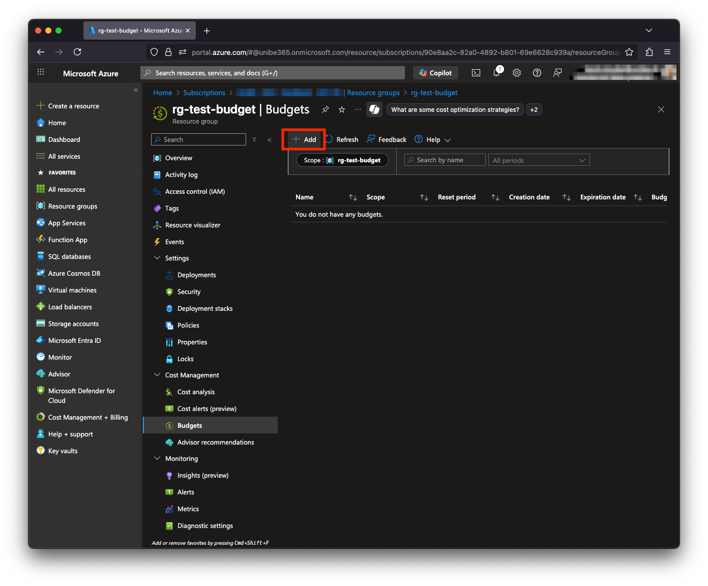 Azure Resource Group Budget Create