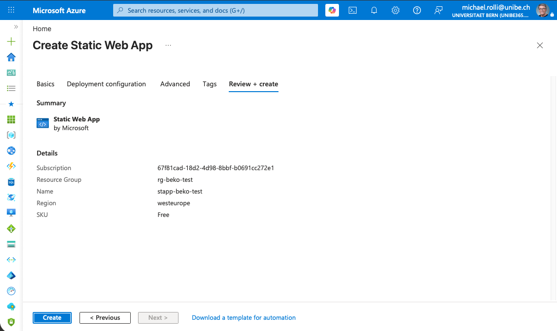 Static Web App form, summary
