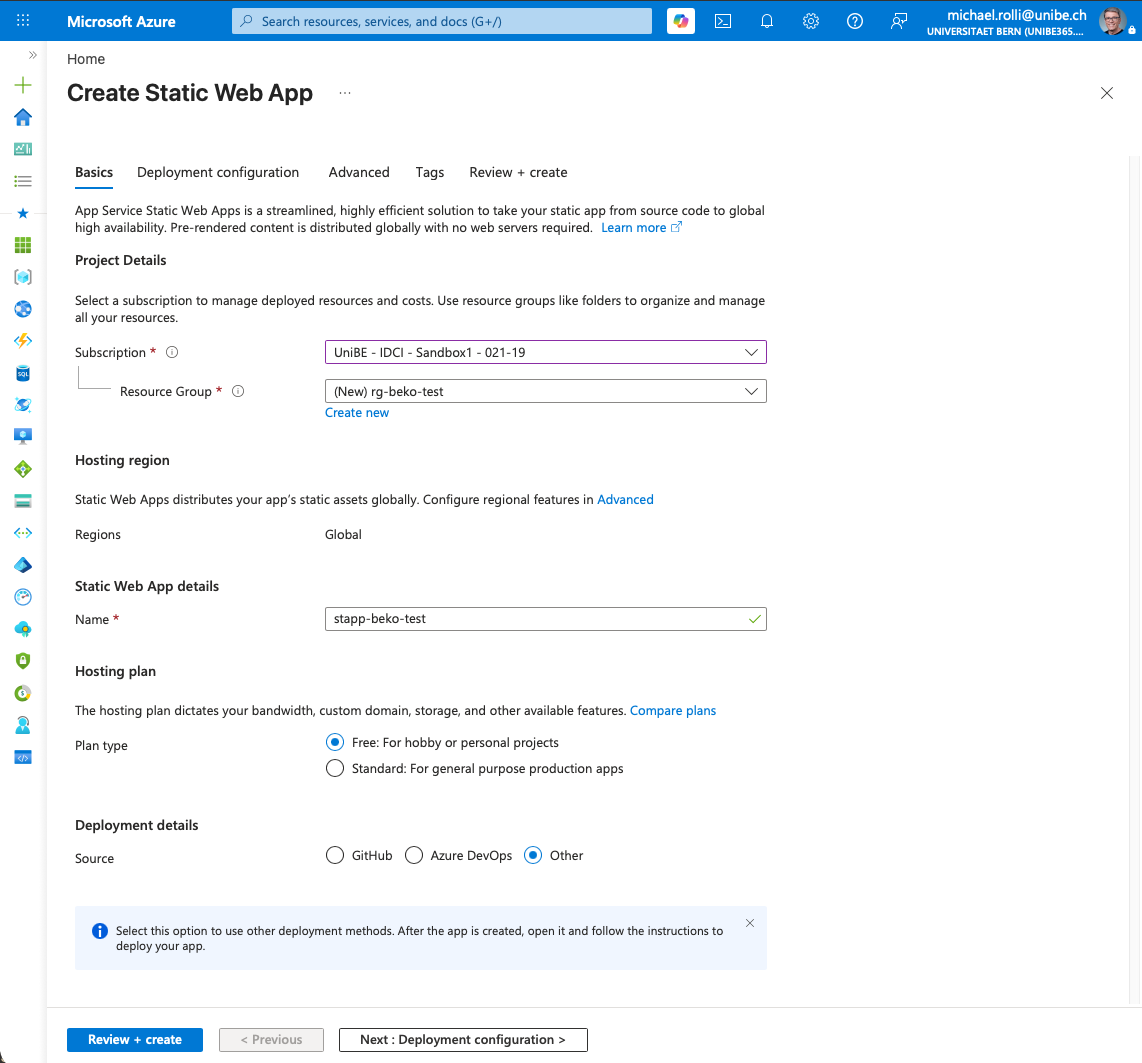 Static Web App form, Basics section