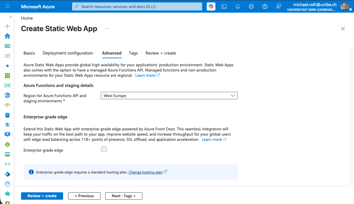 Static Web App form, Advanced section